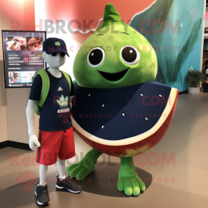 Navy Watermelon mascot costume character dressed with a Board Shorts and Keychains