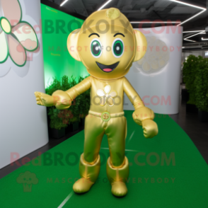 Gold Four Leaf Clover mascot costume character dressed with a Jumpsuit and Headbands