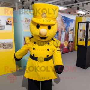 Yellow British Royal Guard mascot costume character dressed with a Parka and Headbands