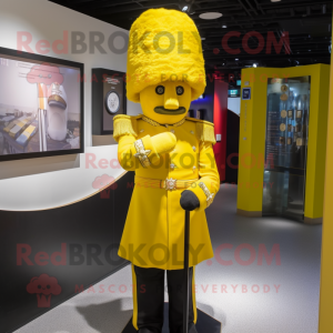 Yellow British Royal Guard mascot costume character dressed with a Parka and Headbands