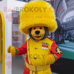 Yellow British Royal Guard mascot costume character dressed with a Parka and Headbands