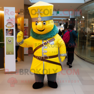 Yellow British Royal Guard mascot costume character dressed with a Parka and Headbands