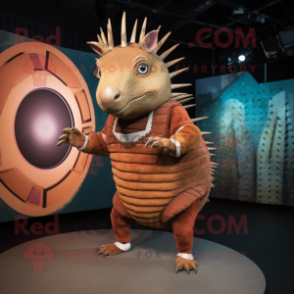 Rust Armadillo mascot costume character dressed with a Mini Skirt and Shoe laces