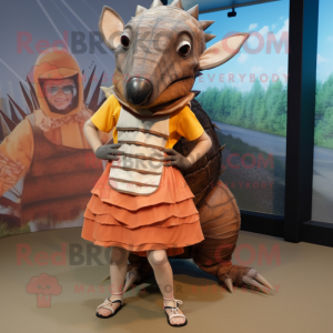 Rust Armadillo mascot costume character dressed with a Mini Skirt and Shoe laces