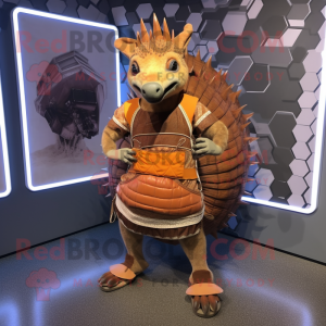Rust Armadillo mascot costume character dressed with a Mini Skirt and Shoe laces