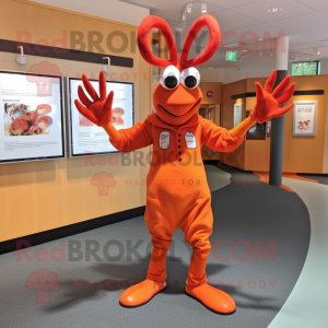 Orange Lobster mascot costume character dressed with a V-Neck Tee and Cufflinks