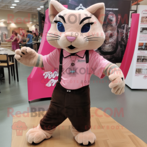 Pink Bobcat mascot costume character dressed with a Oxford Shirt and Shoe laces