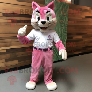 Pink Bobcat mascot costume character dressed with a Oxford Shirt and Shoe laces