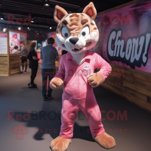 Pink Bobcat mascot costume character dressed with a Oxford Shirt and Shoe laces