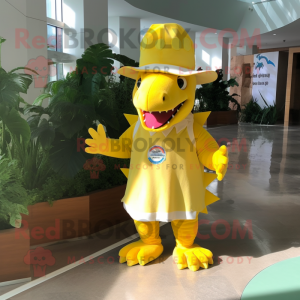 Lemon Yellow Stegosaurus mascot costume character dressed with a Poplin Shirt and Hats