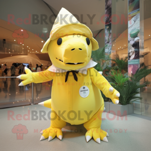 Lemon Yellow Stegosaurus mascot costume character dressed with a Poplin Shirt and Hats