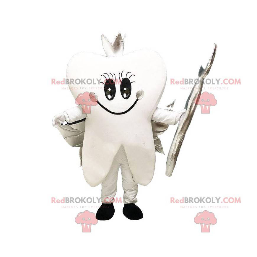 Mascot diente blanco con alas plateadas, diente gigante -
