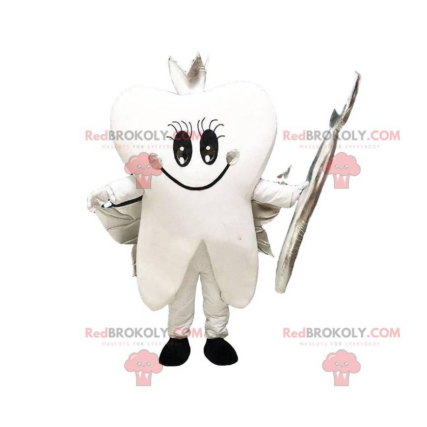 Mascote dente branco com asas de prata, dente gigante -