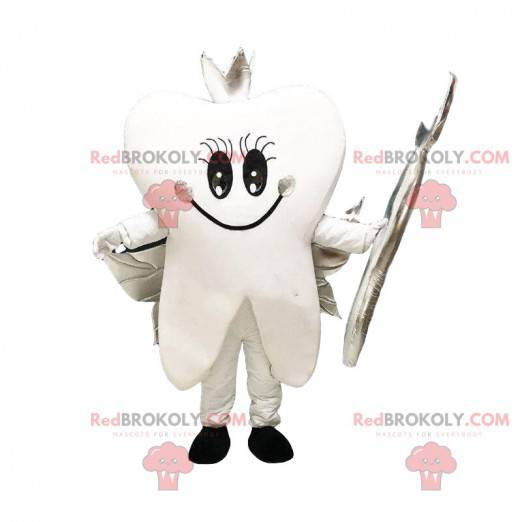 Mascot diente blanco con alas plateadas, diente gigante -