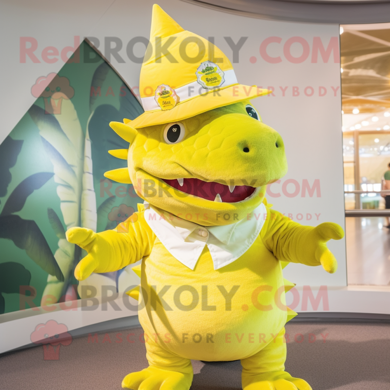 Lemon Yellow Stegosaurus mascot costume character dressed with a Poplin Shirt and Hats