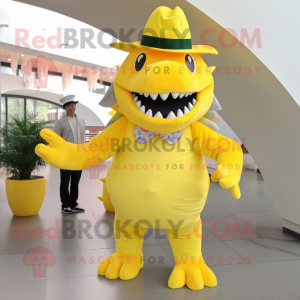 Lemon Yellow Stegosaurus mascot costume character dressed with a Poplin Shirt and Hats