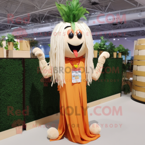 Beige Carrot mascot costume character dressed with a Blouse and Necklaces