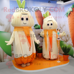 Beige Carrot mascot costume character dressed with a Blouse and Necklaces