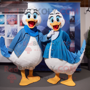 Blue Swans mascot costume character dressed with a Boyfriend Jeans and Scarf clips