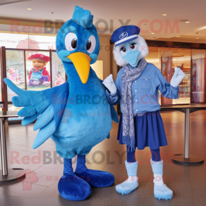 Blue Swans mascot costume character dressed with a Boyfriend Jeans and Scarf clips