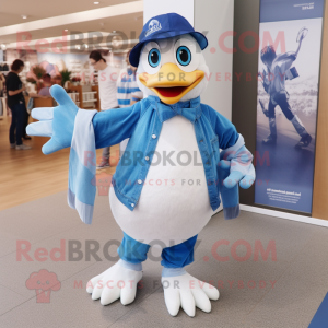 Blue Swans mascot costume character dressed with a Boyfriend Jeans and Scarf clips