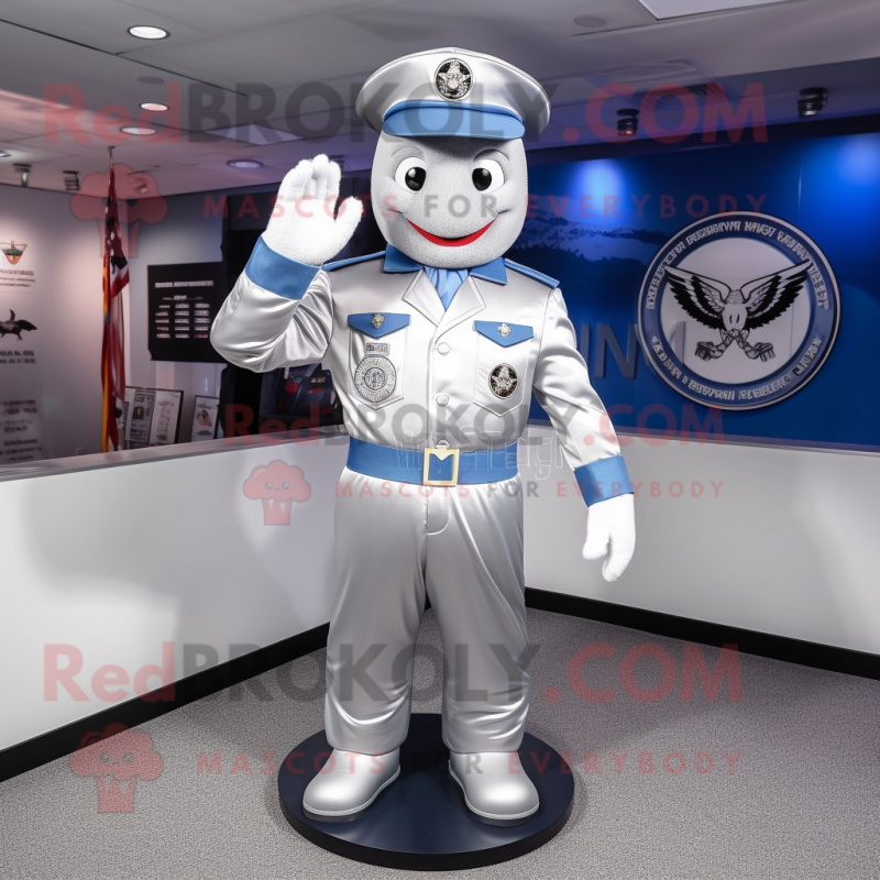 Silver Air Force Soldier mascot costume character dressed with a Romper and Hat pins