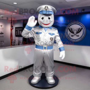 Silver Air Force Soldier mascot costume character dressed with a Romper and Hat pins