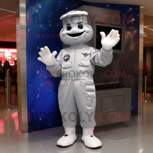 Silver Air Force Soldier mascot costume character dressed with a Romper and Hat pins