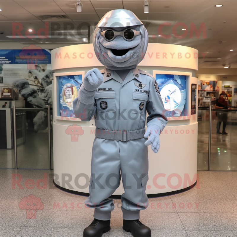 Silver Air Force Soldier mascot costume character dressed with a Romper and Hat pins Silver Air Force Soldier mascot costume character dressed with a Romper and Hat pins