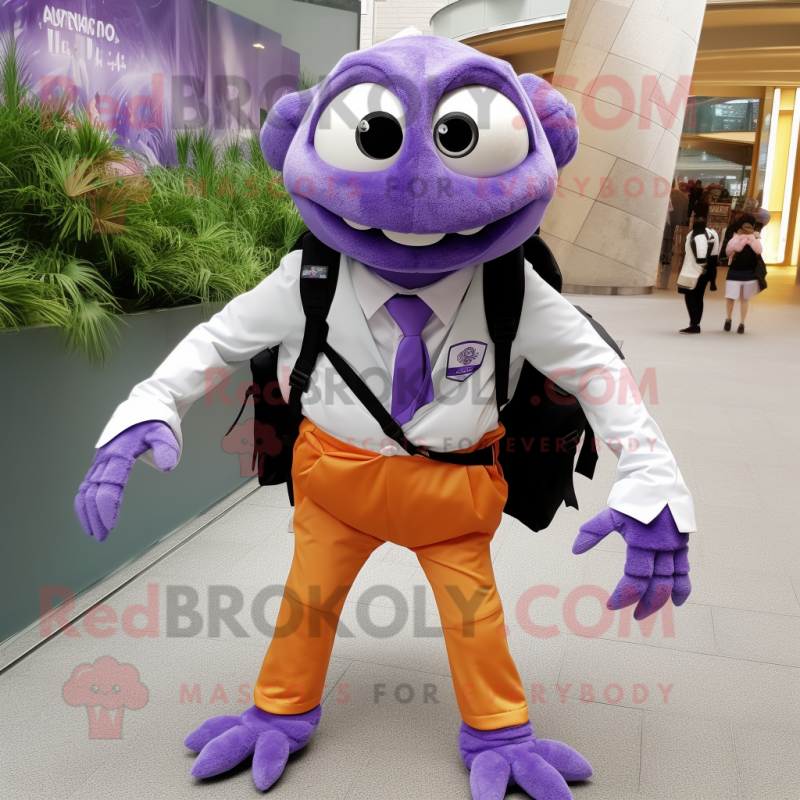 Lavender Crab Cakes mascot costume character dressed with a Suit Jacket and Backpacks