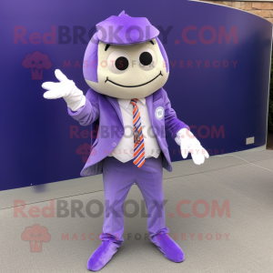 Lavender Crab Cakes mascot costume character dressed with a Suit Jacket and Backpacks