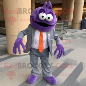 Lavender Crab Cakes mascot costume character dressed with a Suit Jacket and Backpacks