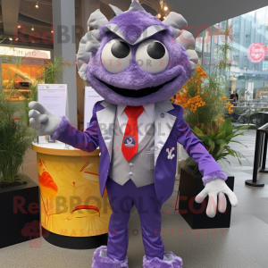 Lavender Crab Cakes mascot costume character dressed with a Suit Jacket and Backpacks