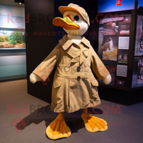 Tan Gosling mascot costume character dressed with a Coat and Hats