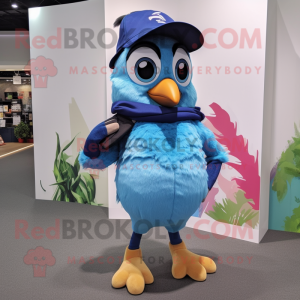 Cyan Blue Jay mascot costume character dressed with a Dungarees and Hair clips