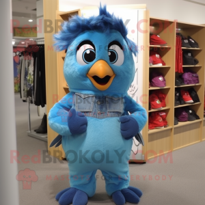 Cyan Blue Jay mascot costume character dressed with a Dungarees and Hair clips