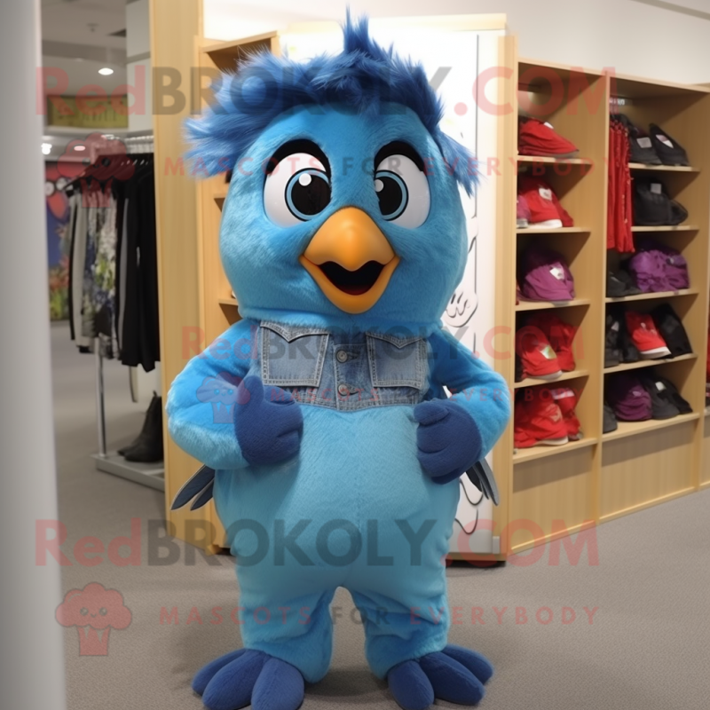 Cyan Blue Jay mascot costume character dressed with a Dungarees and Hair clips Cyan Blue Jay mascot costume character dressed with a Dungarees and Hair clips