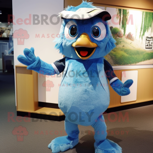 Cyan Blue Jay mascot costume character dressed with a Dungarees and Hair clips