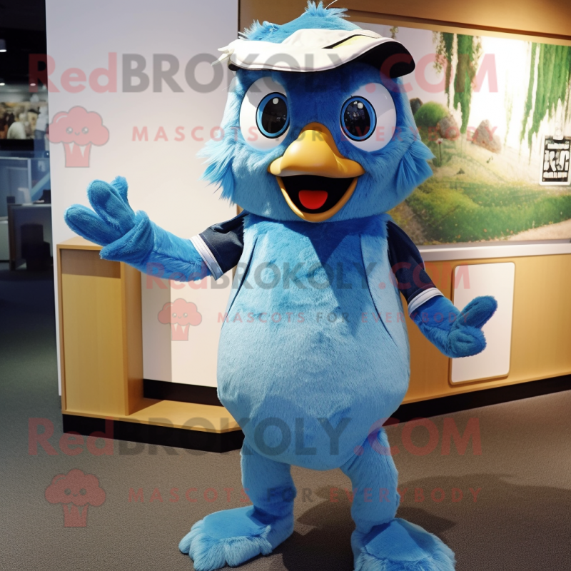 Cyan Blue Jay mascot costume character dressed with a Dungarees and Hair clips Cyan Blue Jay mascot costume character dressed with a Dungarees and Hair clips