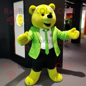 Lime Green Bear mascot costume character dressed with a Suit Pants and Cufflinks