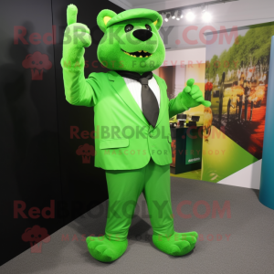 Lime Green Bear mascot costume character dressed with a Suit Pants and Cufflinks