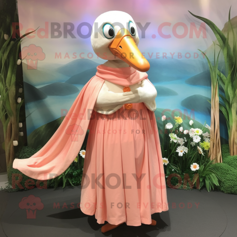 Peach Albatross mascot costume character dressed with a A-Line Dress and Shawl pins