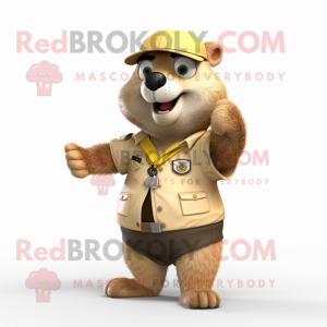 Gold Marmot mascot costume character dressed with a Chinos and Rings