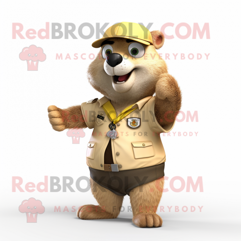Gold Marmot mascot costume character dressed with a Chinos and Rings Gold Marmot mascot costume character dressed with a Chinos and Rings