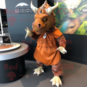 Rust Triceratops mascot costume character dressed with a Wrap Skirt and Cufflinks