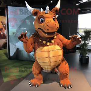 Rust Triceratops mascot costume character dressed with a Wrap Skirt and Cufflinks