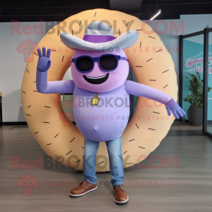 Lavender Donut mascot costume character dressed with a Bootcut Jeans and Sunglasses