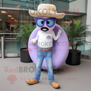 Lavender Donut mascot costume character dressed with a Bootcut Jeans and Sunglasses