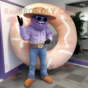 Lavender Donut mascot costume character dressed with a Bootcut Jeans and Sunglasses