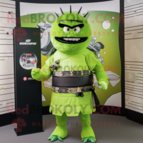 Lime Green Samurai mascot costume character dressed with a Board Shorts and Tie pins